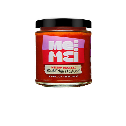 Jar of Me Mei medium heat house chili sauce