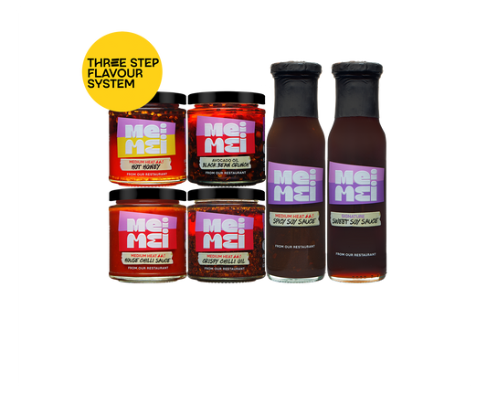 Collection of Mei Mei sauces with labels on a white background