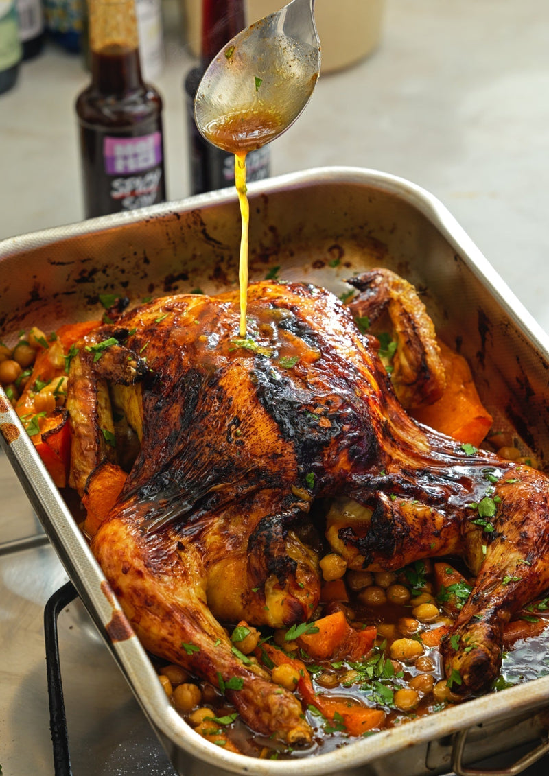Roasted soy chicken with spiced chickpeas