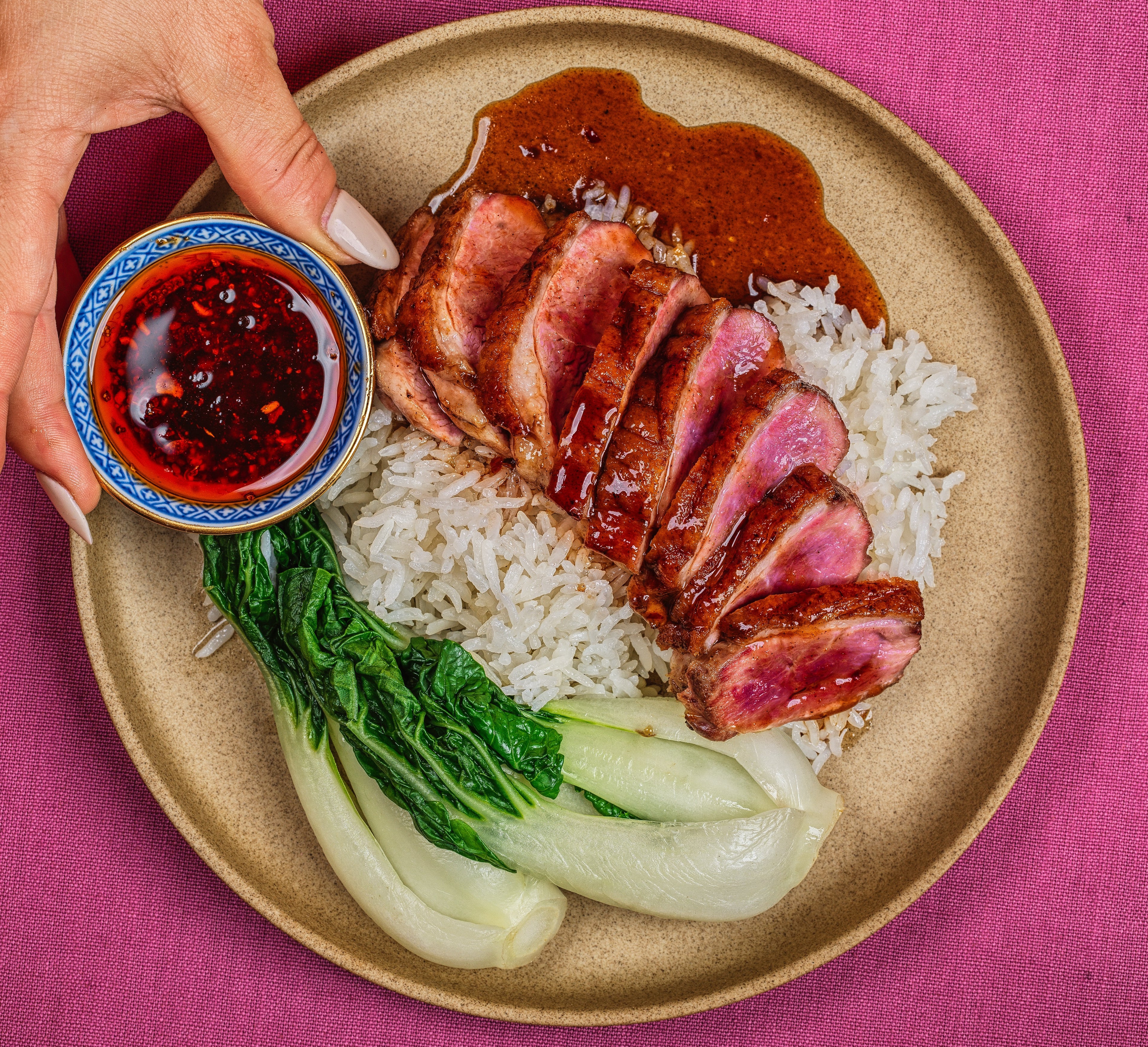 Sliced roasted duck with rice and greens on a plate with a hand holding a small bowl of MEI MEI condiments 