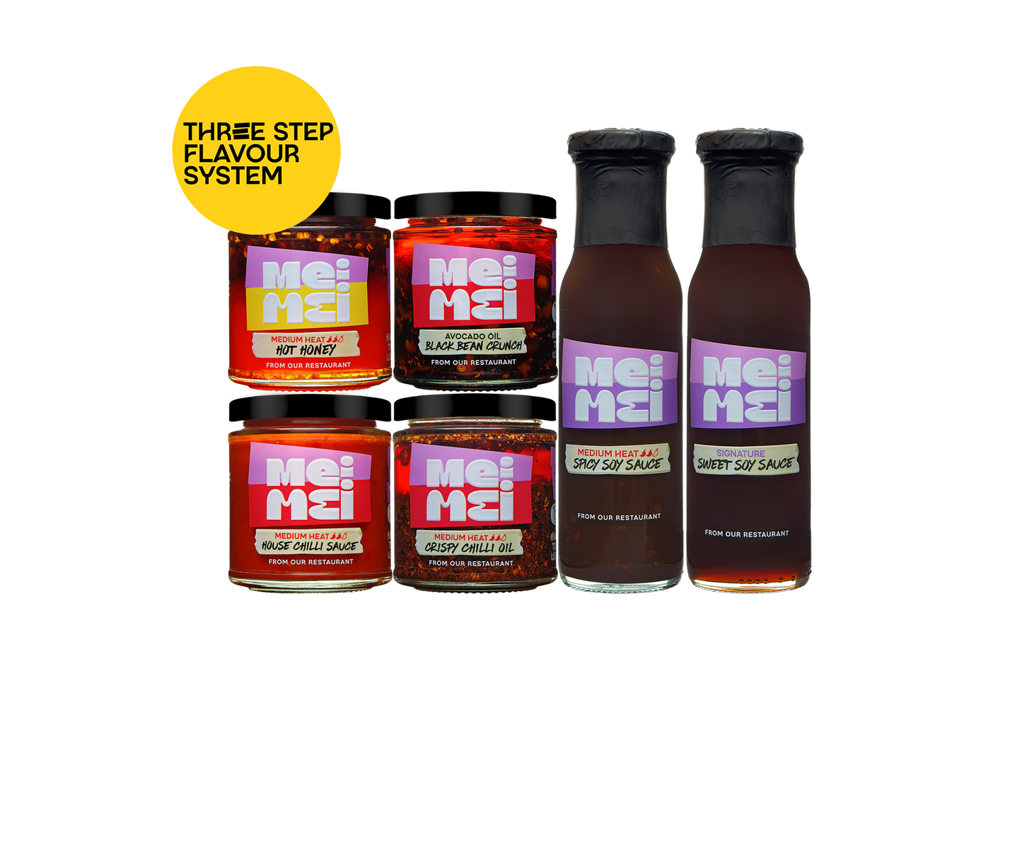 Collection of Mei Mei sauces with labels on a white background