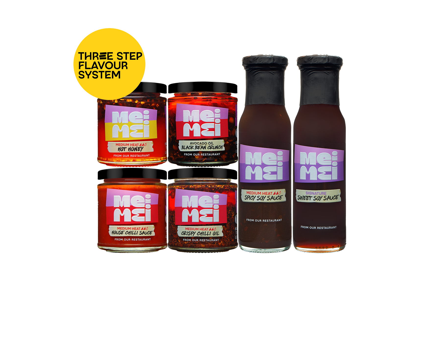 Collection of Mei Mei sauces with labels on a white background
